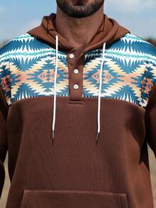 Manfinity Nomadique 男士秋季几何印花长袖口袋设计休闲抽绳连帽衫（不对称印花） - 彩色 - 查看 6