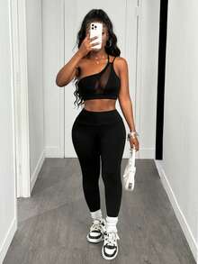 Slaydiva 單肩網眼插入運動胸衣，女式網球裝 - 黑色 - 查看 6