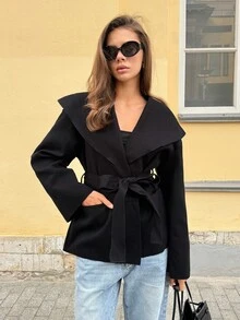 SHEIN Tall 女款優雅通勤黑色大衣 素色前綁帶長袖口袋簡約休閒外套 秋冬款 - 黑色 - 查看 9