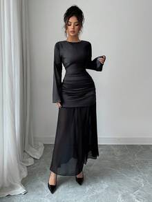 Rafferiza Damen elegantes Chiffon-Kleid mit Rüschen, Schlitz und langen Ärmeln, glänzende Oberfläche, schwarze Farbe für Winterpartys
