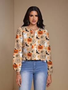 Shutterstock Glamance Lässiges minimalistisches Frauen-Shirt mit Halloween-Spinnennetz- und Kürbis-Motiv, geeignet für Herbst/Winter - Verschiedenfarbig - Übersicht 4