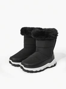 JNSQ 1双儿童/青少年黑色毛绒时尚魔术贴保暖雪地靴，舒适休闲冬季靴，适合日常穿着和运动 - 黑色 - 查看 5