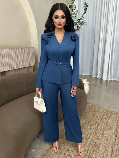 Chiquease 2件套女士纯色3D花卉装饰长袖上衣和裤子套装