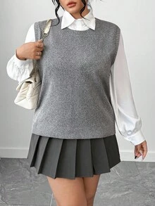 Elenzga Chaleco de punto holgado de unicolor con cuello redondo para mujer talla grande, otoño - Gris - Ver 6