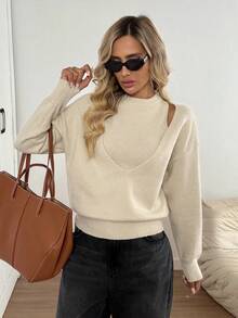 SHEIN LUNE 2 Stück/Set ärmelloses Bodycon Tank Top und tiefer V-Ausschnitt Pullover Pullover, lässiger, locker sitzender eleganter Büro-Lady Strickpullover-Set mit ausgeschnittenem OberteiOff-Shoulderies Oberteil, Strickpullover mit Ausschnitt, Oberteil mit AusschOff-Shoulderfreier Pullover, Herbst-Winter-Kleidung für Frauen - Aprikosenfarben - Übersicht 4