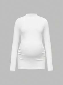 Modmama 3Pcs Maternity Autumn Clothes,Black And White Elegant Smart Casual Everyday Solid Stand Collar Long Sleeve Thermal Lined Fitted Pregnancy T-Shirt - Burgundy - View 4