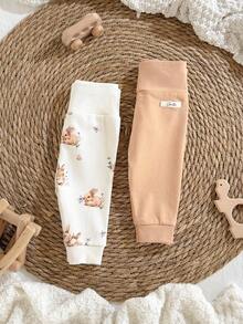 Loomiva 2pcs/Set Newborn Baby Boy/Girl Cartoon Animal Pattern Knitted Soft Elastic Waist Pants Set Graphic