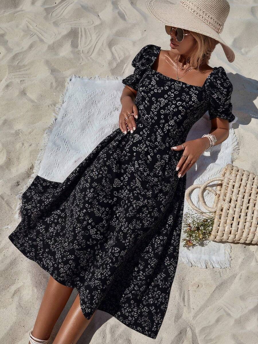 SHEIN Cottnline Vacation Casual Floral Puff Sleeve Dress - Multicolor - View 1