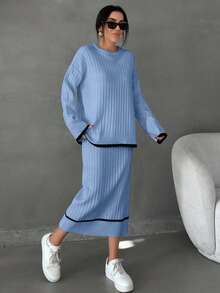 SHEIN 女士条纹细节毛衣长裙套装 - 淺藍色 - 查看 7
