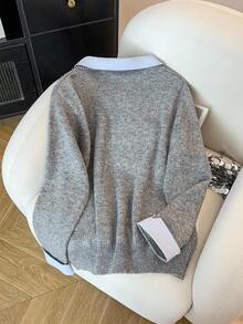 SHEIN Clasi Plus Size Colorblock Patchwork Knit Sweater, Casual For Autumn/Winter - Grey - View 2