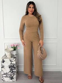 Xyvia Women's Elegant Fitted Solid Color Long Sleeve Top And Loose Pants Knit Two Pieces Set, Autumn/Winter