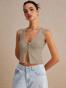 Poéselle 女士夏季休闲纯色开襟毛衣背心，下摆开衩，秋冬装 - 卡其色 - 查看 5