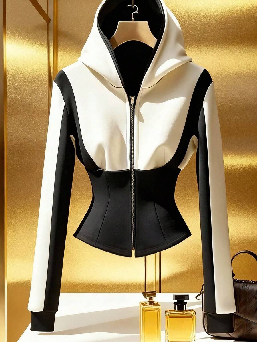 Franclia 女式优雅休闲黑白拼布修身夹克 - 黑與白 - 查看 1