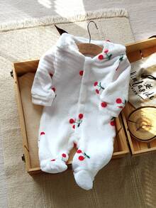 SHEIN Vintaside Kids 新生儿简约时尚可爱樱桃圆点长袖连帽羊毛连体睡衣 - 白色 - 查看 3