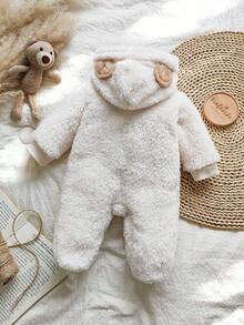 SHEIN Vintaside Kids 新生儿简约时尚可爱刺绣小熊长袖连体睡衣 - 白色 - 查看 2