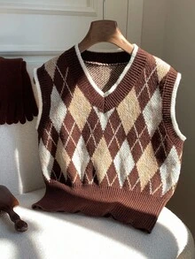 Comfortcana 女士休闲菱形针织背心，秋冬 - 棕色 - 查看 4