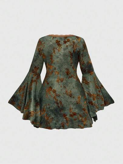 Fairycore Vestido de mujer de talla grande con mangas acampanadas, estampado de teñido anudado y seda de hielo con efecto retro romántico