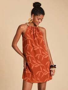 Travachic 女式夏季休闲度假风格提花串珠吊带宽松短款连衣裙 - 橘色 - 查看 1