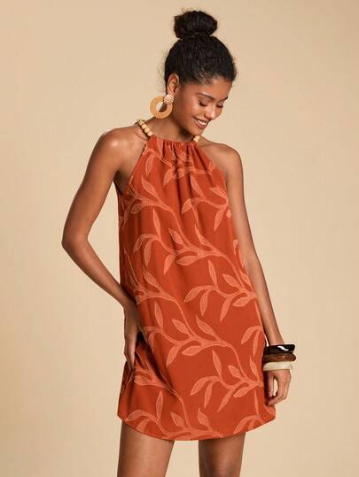 Travachic Women's Summer Casual Vacation Style Jacquard Beaded Halter Loose Short Dress,New Year Look, Thanksgiving Outfits, Elegant Dresses Party,Summer Beach Outfits