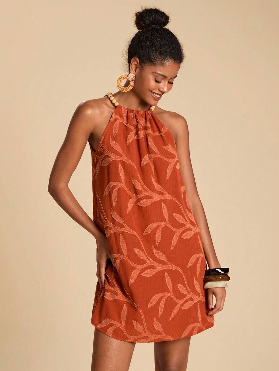 Travachic 女式夏季休闲度假风格提花串珠吊带宽松短款连衣裙 - 橘色 - 查看 1