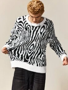 ROMWE MEN Street Life Jersey de cuello redondo casual con estampado de cebra para hombre, otoño/invierno - Blanco y Negro - Ver 1