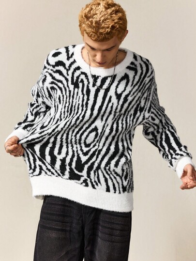 Street Life Men's Casual Zebra Pattern Crew Neck Sweater, Autumn/Winter