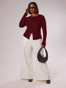 MUSERA 大码修身长袖纽扣上衣，优雅高贵，适合度假、节日、可爱浪漫的90年代Y2K风格春夏复活节 - 酒紅色 - 查看 3