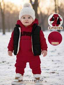 Cozy Pixies Conjunto de 3 piezas para bebé niño con sudadera con capucha de punto suave con estampado de letras minimalista, pantalones de cintura elástica y chaleco acolchado sin mangas