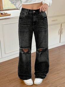 SHEIN EZwear Casual Washed Distressed Straight Leg Jeans - Black - View 5