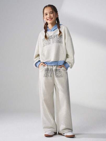 JNSQ Tween Girl 2pcs Outfit Set: Loose Fit Hoodie Sweatshirt & Drawstring Waist Sweatpants, Suitable For Autumn, Winter Daily Wear, Outdoor Activities, Vacation, Streetwear, Party And Casual