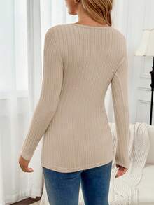 SHEIN Maternity Solid Color Button Half Placket Long Sleeve Casual Nursing Top - Khaki - View 2