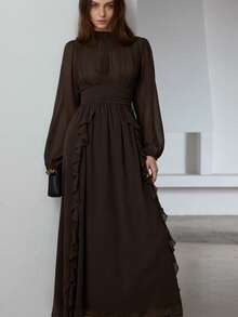 Aveloria Modichic Ruffled Hem Pleated Front Long Sleeve Dress, Elegant Style - Chocolate Brown - View 6