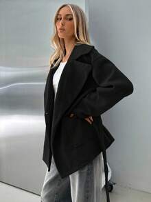 Aloruh Áo khoác ngoài rộng rãi cổ bẻ màu kaki dày dành cho nữ, phù hợp cho mùa thu/đông, trang phục ấm áp cho mùa thu và mùa đông dành cho nữ - màu đen - Xem 8