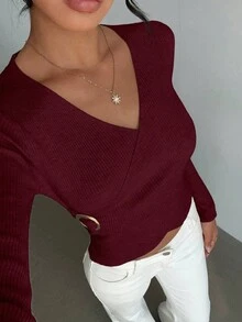 Elenzga 女士优雅合身交叉裹身元素简约经典罗纹纹理纯色毛衣 - 酒紅色 - 查看 3