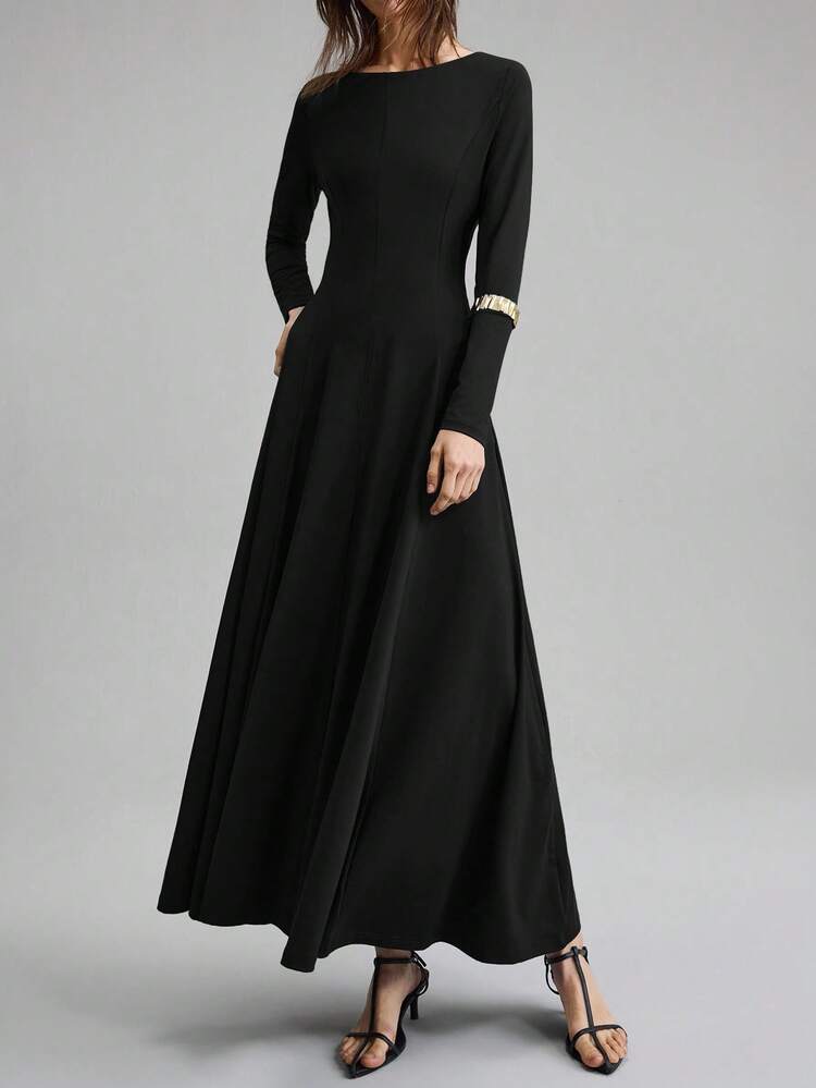 2026 Spring/Summer New Solid Color Round Neck Long Sleeve A-Line Maxi Dress, Versatile For Urban Commute, Business Casual, Office Wear, Teacher Uniform, Elegant Dress, Black Dress, Party Dress