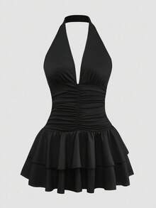 Sweetra 大码纯色露背吊带腰喇叭裙 - 黑色 - 查看 1