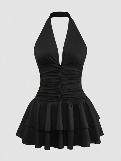 Sweetra 大码纯色露背吊带腰喇叭裙