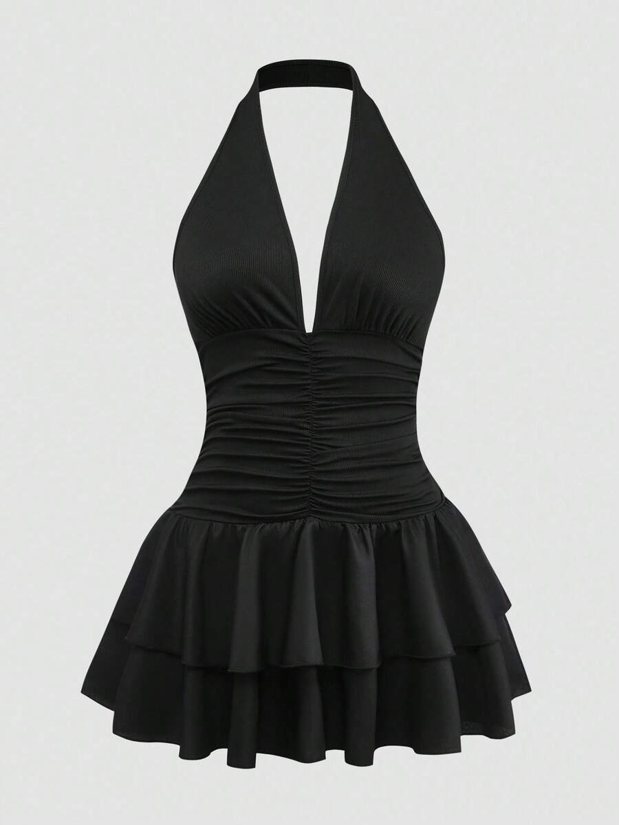 Sweetra 大码纯色露背吊带腰喇叭裙 - 黑色 - 查看 1