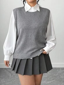 Elenzga Chaleco de punto holgado de unicolor con cuello redondo para mujer talla grande, otoño - Gris - Ver 7