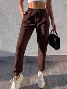RueChic Drawstring Waist Side Pocket Joggers/pants - Coffee Brown - View 3
