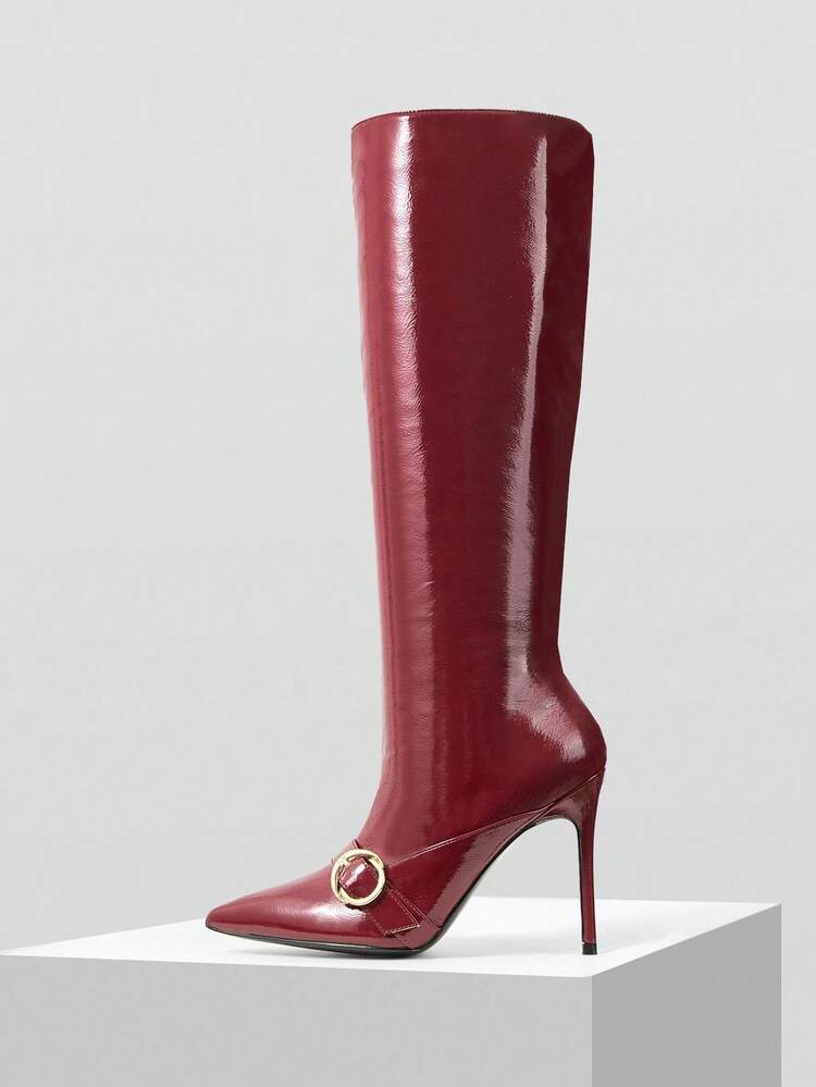 WOMEN'S FASHION METAL BUCKLE POINTED TOE STILETTO KNEE-HIGH BOOTS, SUITABLE FOR DATES AND PARTIES