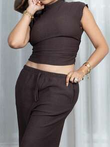 Melissa Matos 2pcs Women Summer Solid Color Stand Collar Pleated Blouse And Pants Set, Casual Women S Clothes Workout Clothes Women Women Summer Clothing Woman S Summer Clothes Casual Sets For Women Brown Two Piece Set Women Two Piece Pants Set Women Casual Two Piece Set Comfortable Two Piece Set Brown Pants Set Women Brown Jumpsuit Pants Two Piece Set - Brown - View 6
