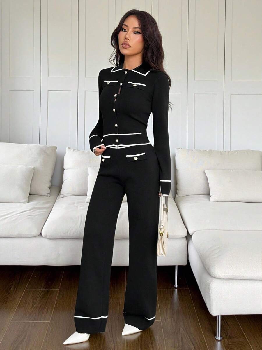 SHEIN PETITE 2 Stücke Damen Kontrast-Farbblock Knopfleiste Taschen Langarm Oberteil und Hose Set 2-teiliges Set für Herbst/Winter