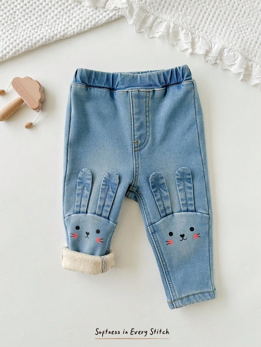 Cozy Pixies Baby Girl Cartoon Rabbit Pattern Elastic Waist Thermal Lined Denim Pants, Versatile & Comfortable - Blue - View 1