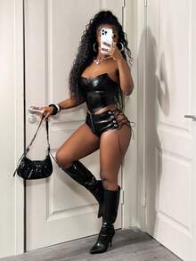 BamGleam Women's Fashionable Sexy PU Eyelet Lace-Up Super Short Shorts, Summer