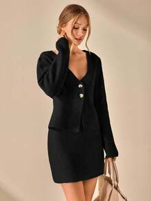 CLARA VERO WOMEN CLASSIC KNIT 2-BUTTON BLAZER & SKIRT CO-ORD