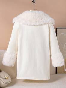 女童简约白色中长款毛领单排扣大衣，适合日常通勤聚会 - 白色 - 查看 2