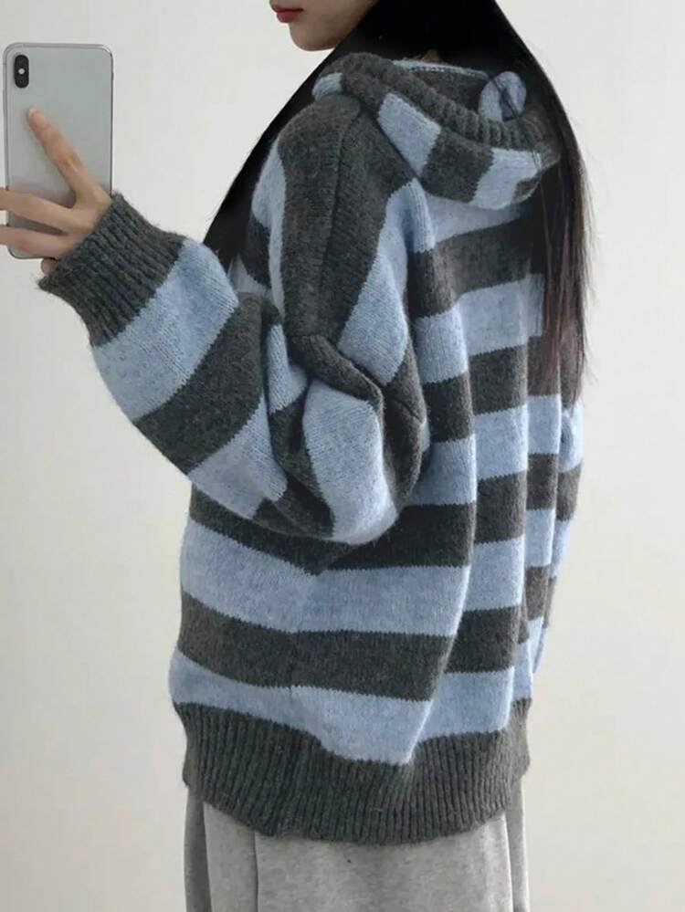 Vintage Striped Hoodie Sweater For Women, Loose Design Thick Soft Pullover, Autumn/Winter