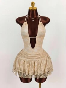 Amplova 女式杏色蕾丝迷你连衣裙，性感波西米亚风，Y2K 风格，适合居家、外出、秋冬派对 - 杏色 - 查看 3