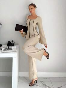 Siren Gaze 2pcs Contrast Trim Flare Sleeve Shirt And Pants Set, Autumn Winter Casual Spring - Apricot - View 6
